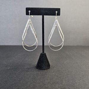 Silver Tone Double Teardrop Earrings, Faceted Dangle Pierced Ears, 2.5"